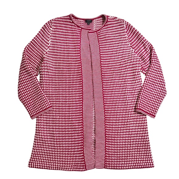Talbots Sweaters - Talbots Longline Cardigan XL Red White Geometric Merino Wool Open Front Long